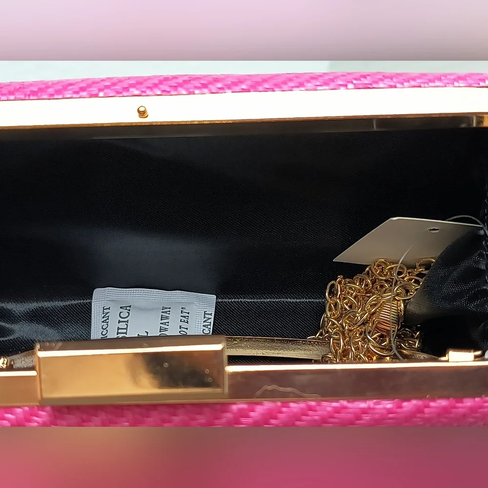 Exquisite Woven Shade Satin Evening Clutch Hand Bag Rose Red Metal Strap